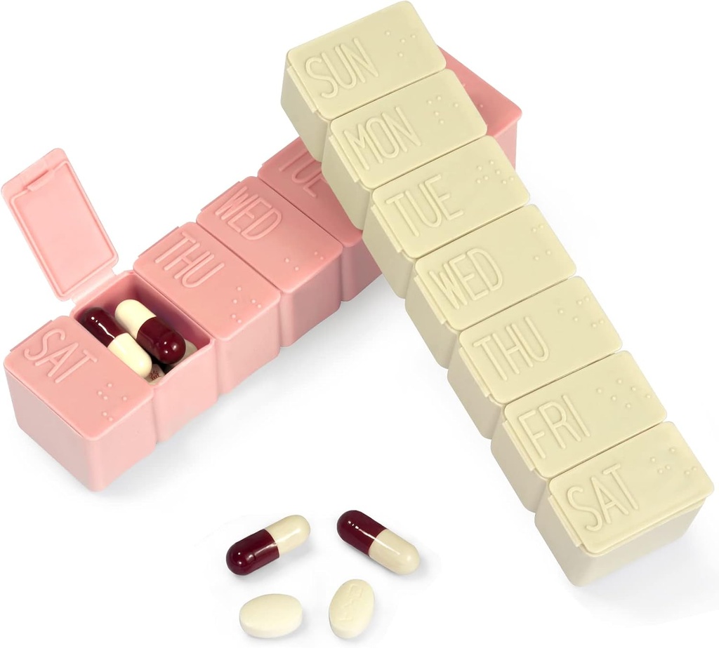 Pillen Organisator-Pill Dozen voor Reizen, 7 Dag met Braille Pillen geval Vitaminen Visolie Supplementen, Medicatie Organisator Dispenser voor Visolie, Vitamine Houder Supplement (Roze + Beige)