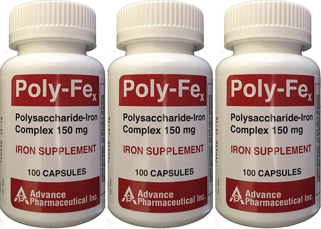 Polysaccharide Iron Complex 150 mg Capsules Iron Supplement 100 Capsules per fles Verpakking van 3 Totaal 300 Capsules