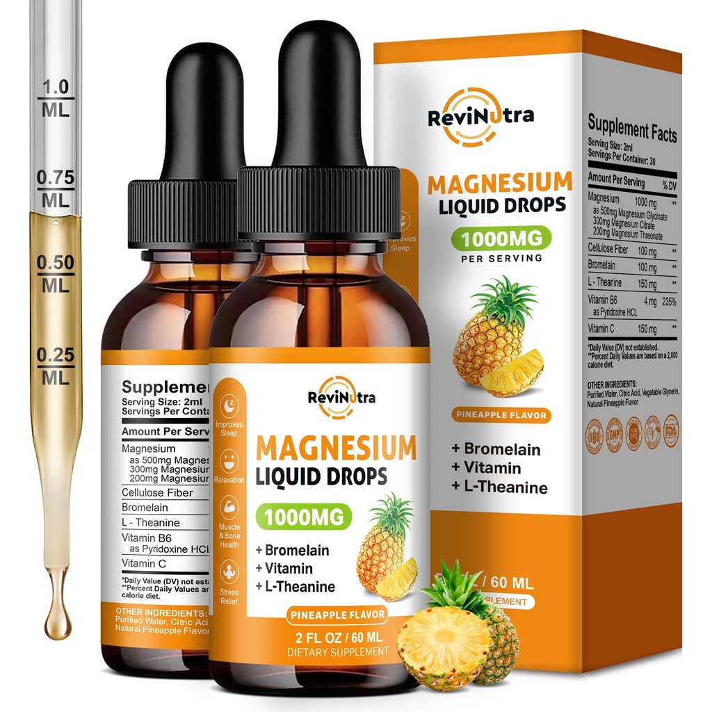 2 Pack Magnesium Glycinate Liquid Drops, 1000mg Liquid Magnesium Complex Drops for Sleep, Nerve, Energy, Muscle, Bot, Kalm & Digestie, Hoge Absorptie, 2 Fl Oz, Ananas smaak