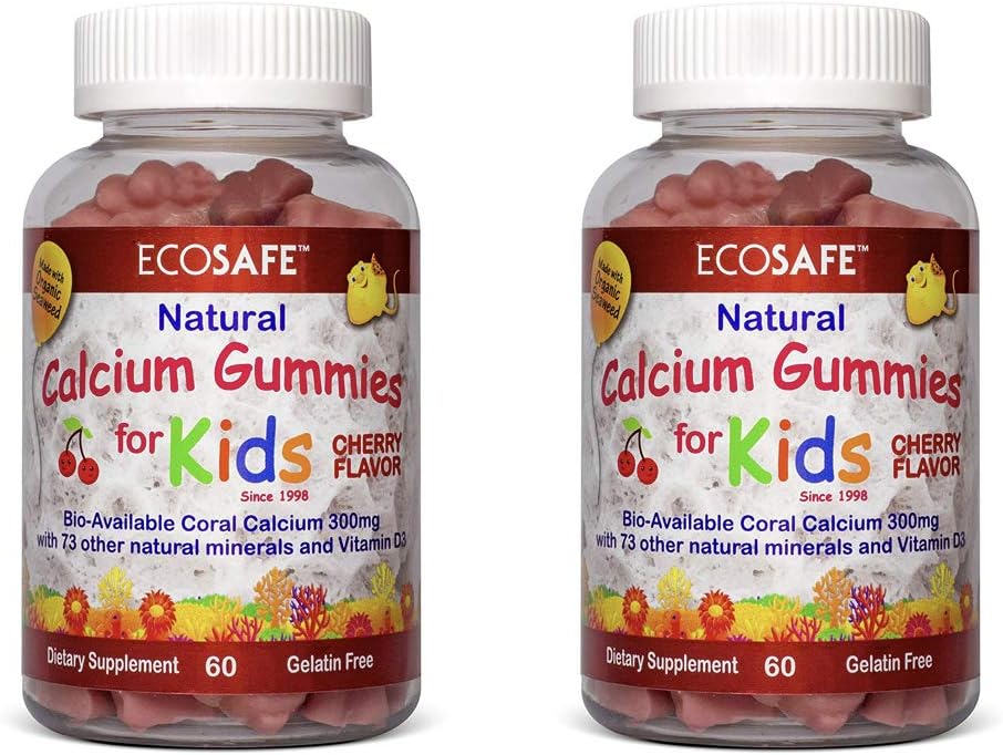 Koraal Calcium Vitamine D3 Kids Gummy, natuurlijke kersensmaak, Non-GMO, Glutenvrij, Dairy-Free, Soy-Free en Gelatine Vrij - 300 mg Calcium, en 800 IE vitamine D3-60 Gummies (1 Pack)