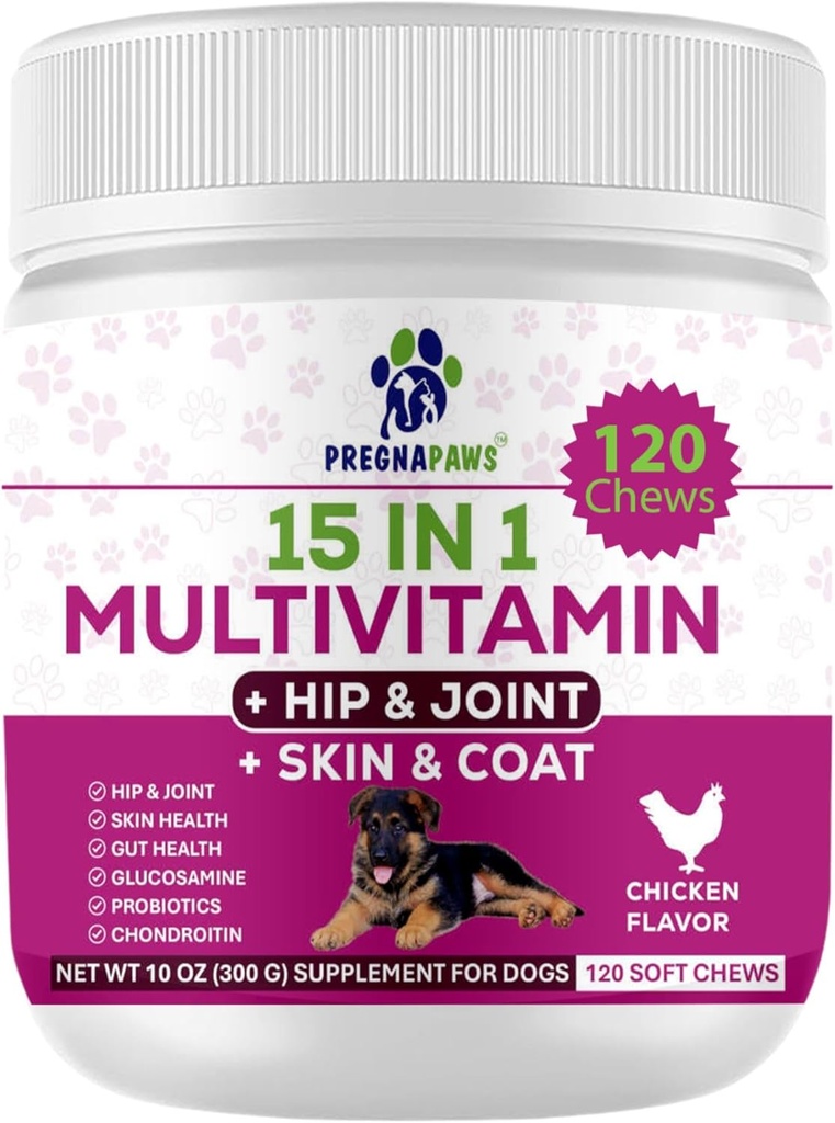 15-in-1 Postnatale vitamines voor honden - Verbetert herstel, ondersteunt Joint Health, Skin & Coat Care - Probiotica & Multivitaminen voor verpleging honden - 120 Kauwbare kip smaak tabletten