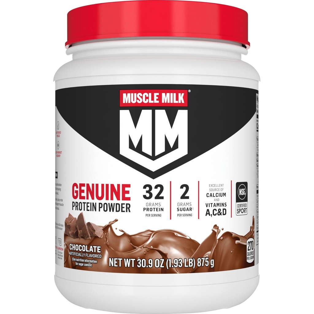 Muscle Milk Originele Proteïne Poeder, Chocolade, 1,93 Ponden, 13 Servers, 32g Proteïne, 2g Suiker, Calcium, Vitaminen A, C & D, NSF Gecertificeerd voor Sport, Energizing Snack, Verpakking mei Vary