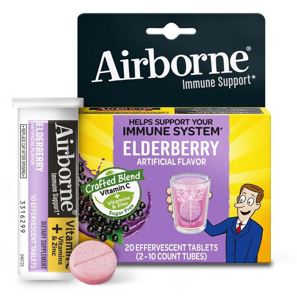Airborne Vlierbes Extract + Vitamine C 1000mg (per portie) - Bruistabletten (20 Tellen in een doos), Glutenvrije Immune Ondersteuning Supplement, met Vitaminen A C E, Zink, Selenium, Suikervrij