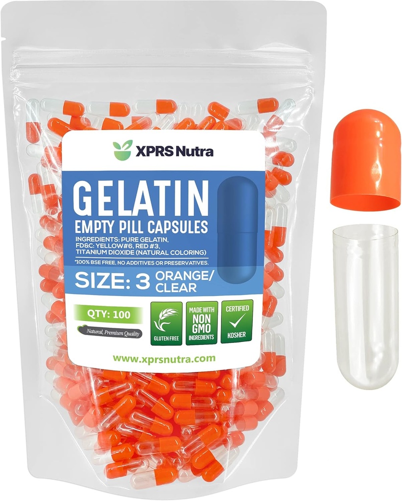XPRS Nutra Maat 3 Lege capsules - 100 Telle Lege Gelatine Capsules - Pillen DIY Capsule vullen - Pure Bovine Pill Gel Caps Vulbaar voor Do-It-Yourself Vitaminen en Supplementen (Orange/Clear)
