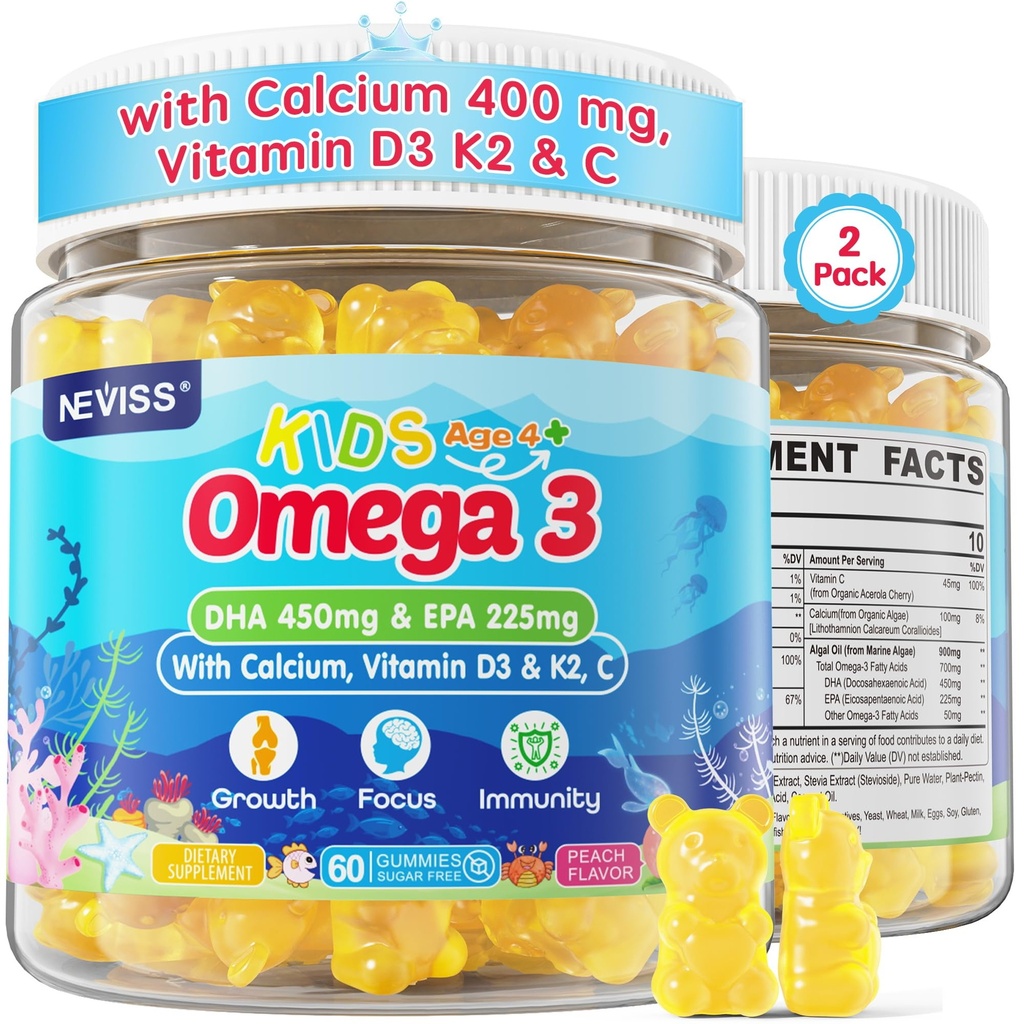 Kids Omega 3 Gummies + Calcium 400mg + Vitamine D3 K2 + C, Omega-3 DHA & EPA Supplement - Geen Fish Burps, Geen Suiker - Kids & tieners Om