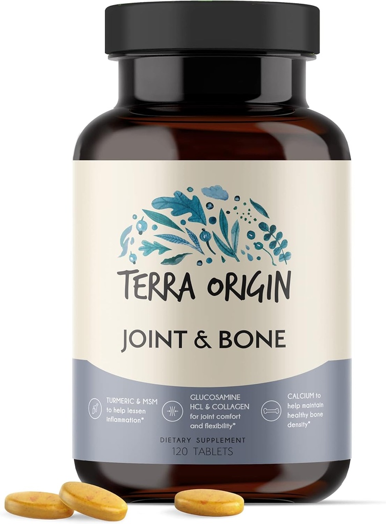 TERRA ORIGIN Joint and Bone Health | 120 Tablets | with Calcum D3, Glucosamine, hyaluronic Acid, Collagen, Tumeric and Boron | Flexibility and Mobility | Joint Supplement for Women and Men