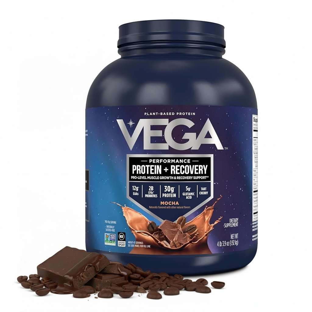 Vega Sport Vegan Protein Powder + Recovery - 30g Plant Based Protein per Serving, Mocha, 45 Servings, 5g BCAAs, Probiotica, NSF Certified, for Shakes & Smoothies, 4.2lbs (Packaging May Vary)