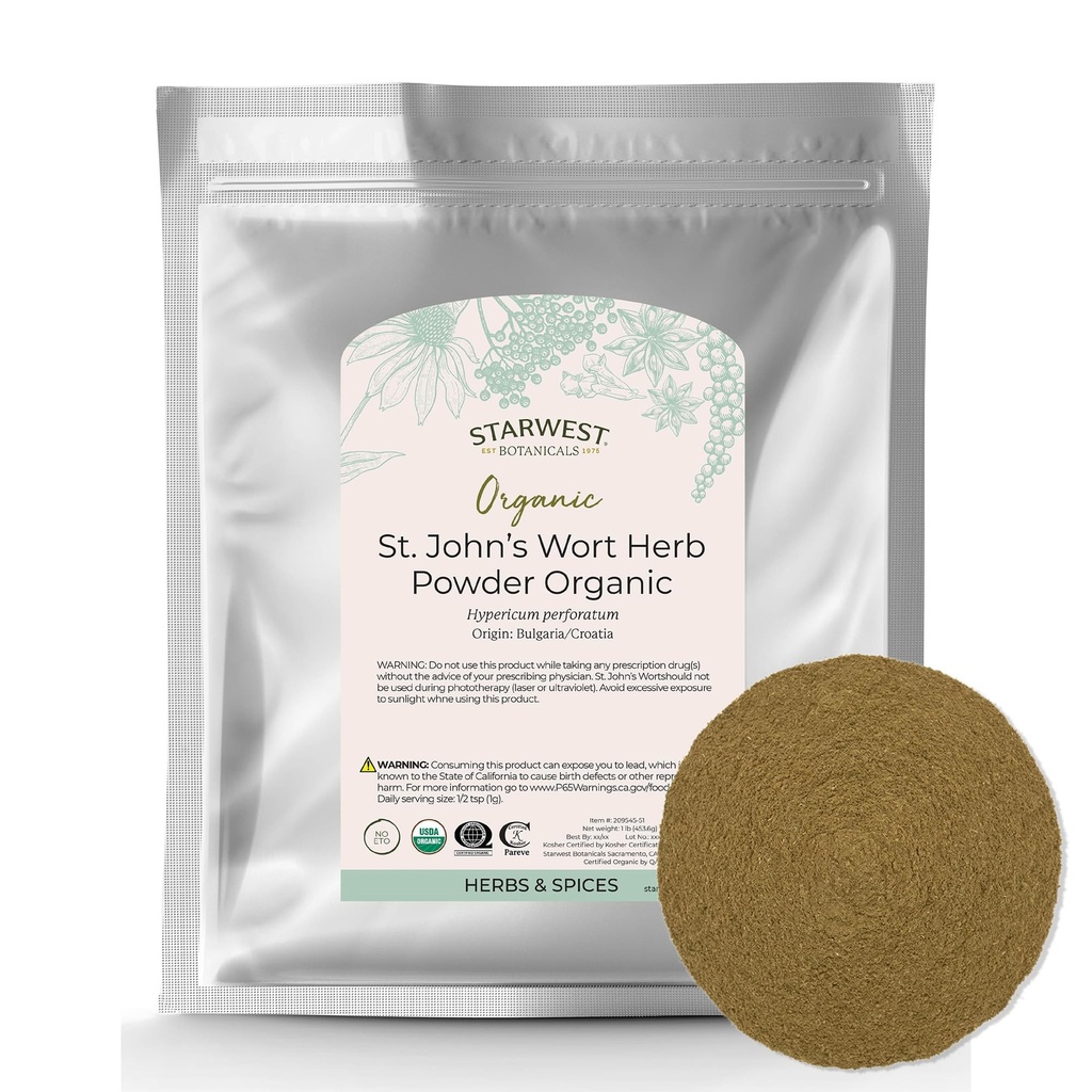 Starwest Botanicals Biologische St. John's Wort Powder - gedroogde kruiden voor thee, Gemaakt van St. John's Wort Bloem, Ondersteunt Ontspanning, Gecertificeerde Koosjer, Niet-GMO - Bulk 1 lb Bag