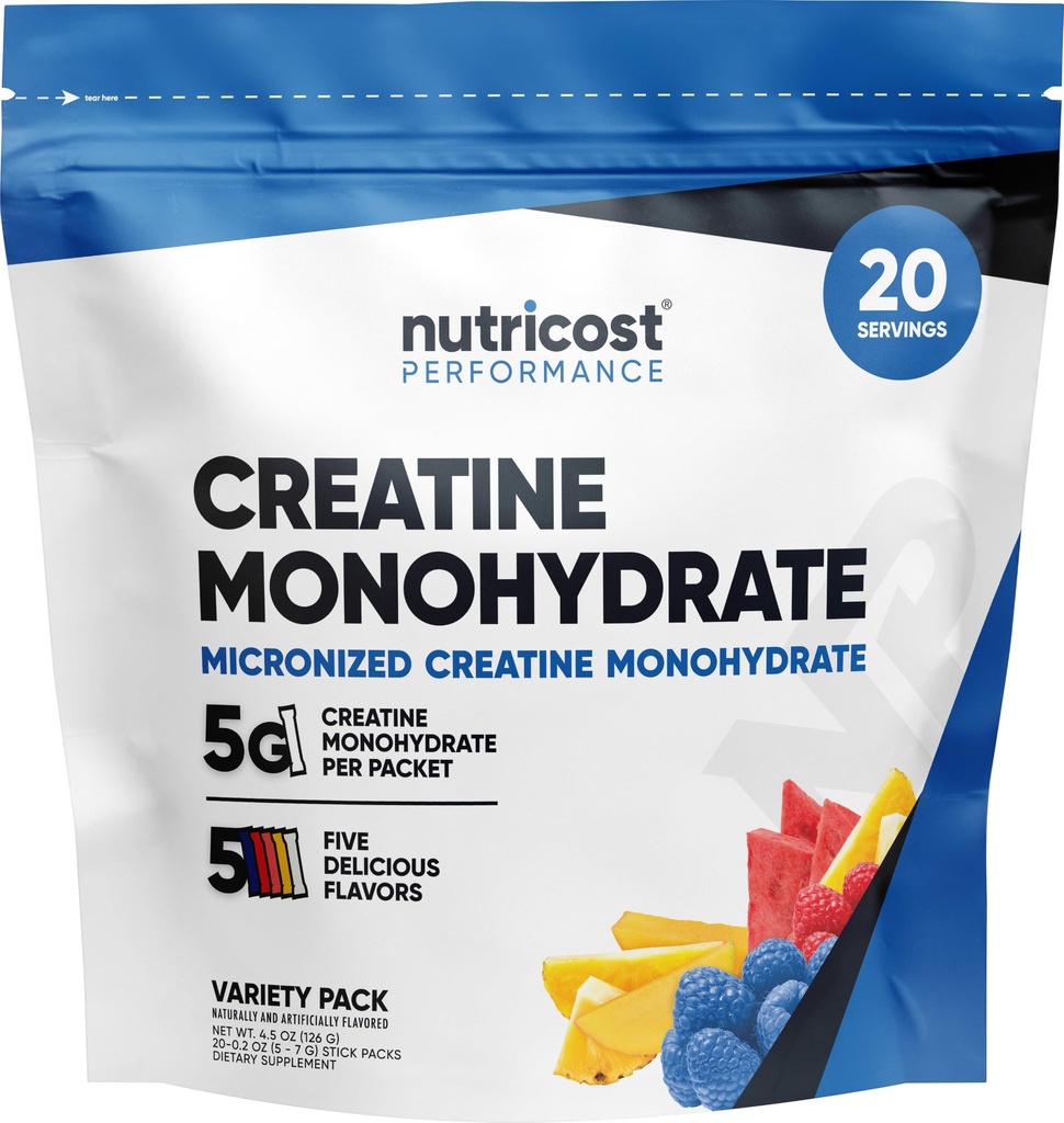 Nutricost Creatine Monohydraat Poeder Verscheidenheid Stickpacks (5 smaken, 20 porties) - Gemicroniseerd, 5 Gram Creatine Monohydraat per verpakking
