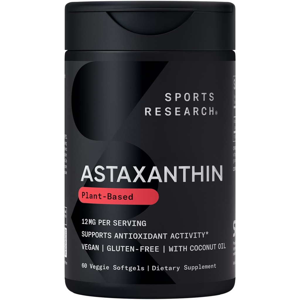 Sports Research Triple Strength Vegan Astaxanthin Supplement from Algae - Plant Based Softgels for Antioxidant Activity, Skin & Eye Health - Non-GMO Verified, Made with Coconut Oil - 12mg, 60 Count