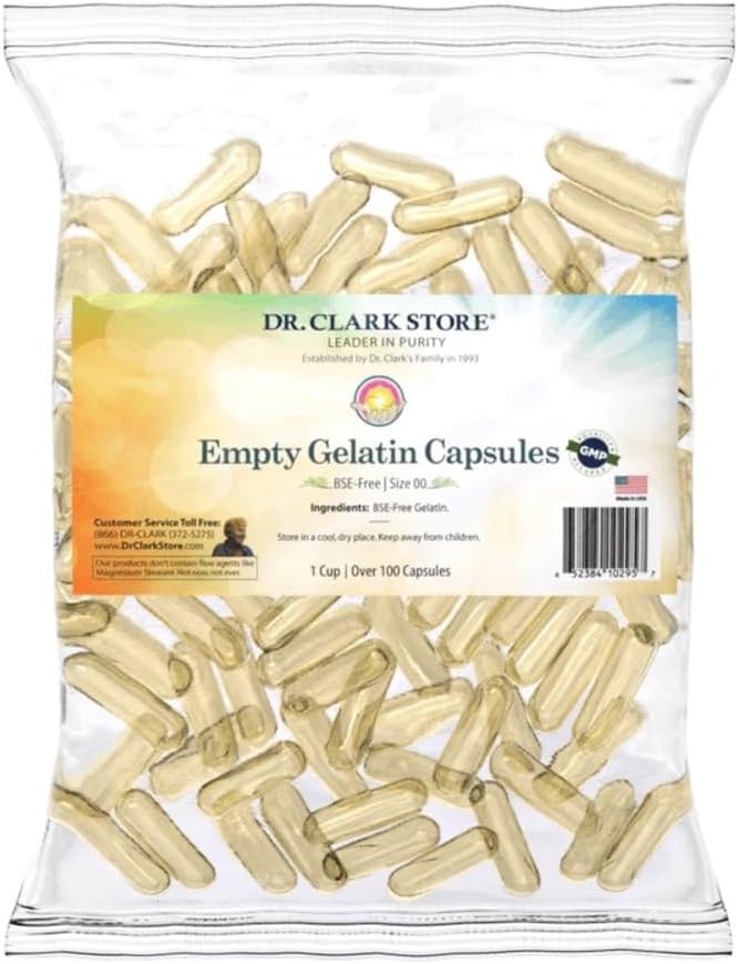 Dr. Clark Store Empty Gelatin Capsules Size 00 – 1 Cup (Approx. 120 Capsules), Perfect for DIY Supplements, Vegetarian-Friendly, Halal & Kosher Certified, BSE-Free