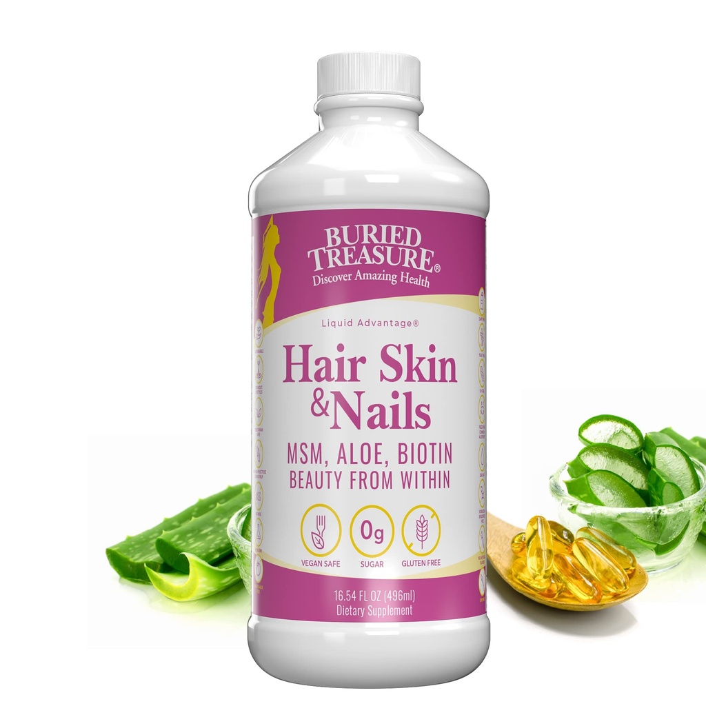 Begraven Treasure Hair, Skin and Nails met MSM Biotin Aloë Vera plus vitaminen en mineralen in een High Potency Liquid Whole Food Complex voor Fuller Hair, Sterkere Nails en Heldere huid 16 oz