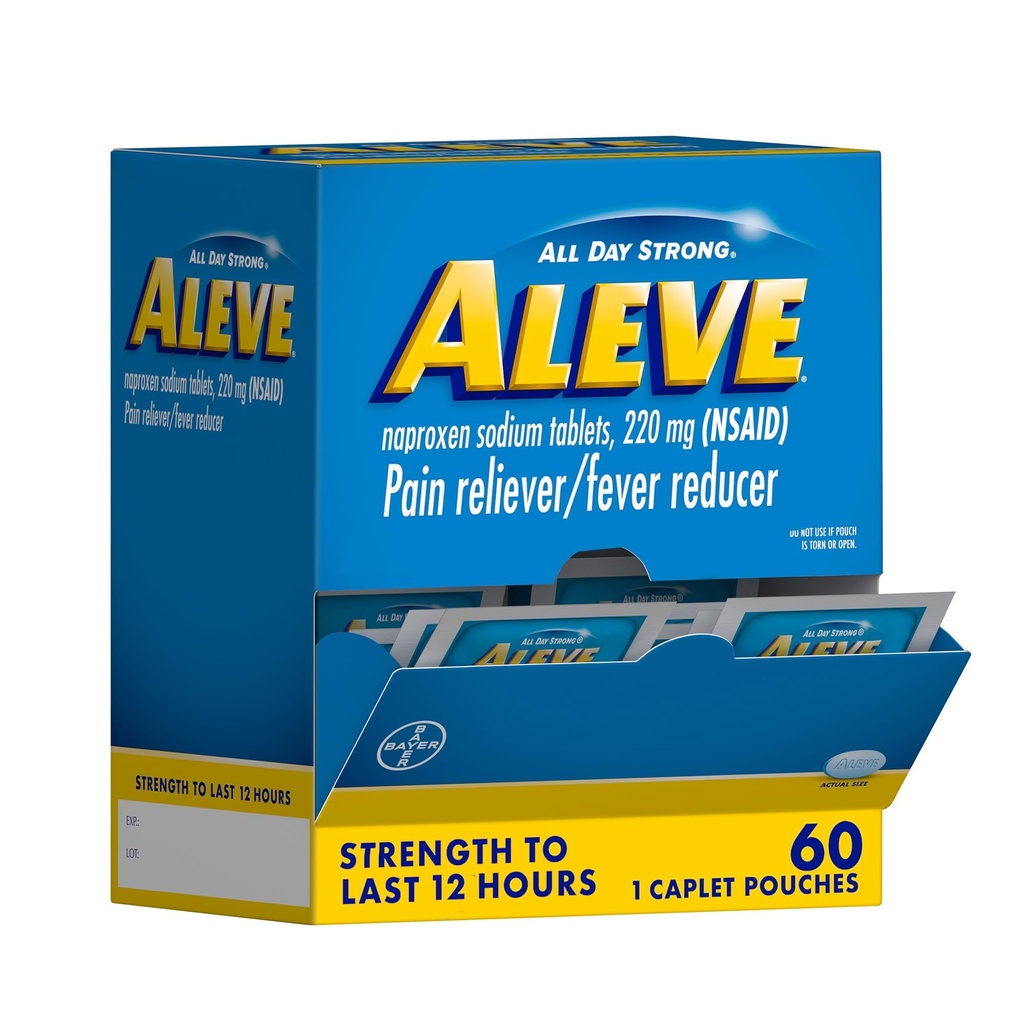 Leve pijn Reliver & koorts Reducer Naproxen natrium Caplets, Lichaam en Artritis Pijn Reliver, Geneeskunde voor volwassenen en kinderen vanaf 12 jaar en ouder, 60 individuele zakjes