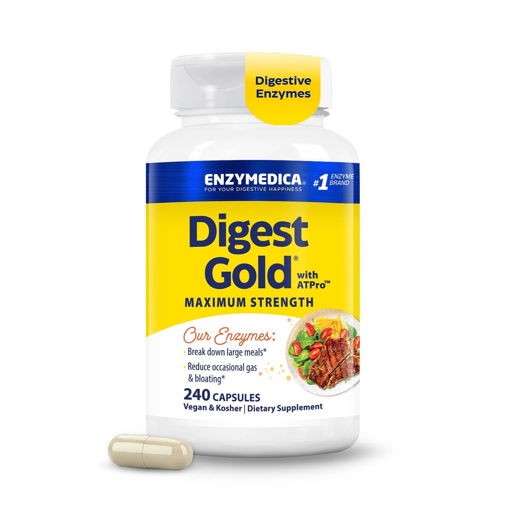 Enzymedica Digest Gold + ATPro, maximale sterkte, snel handelen, helpt Digest Large Meals, voorkomt opgeblazenheid en gas, 240 Telling (FFP)