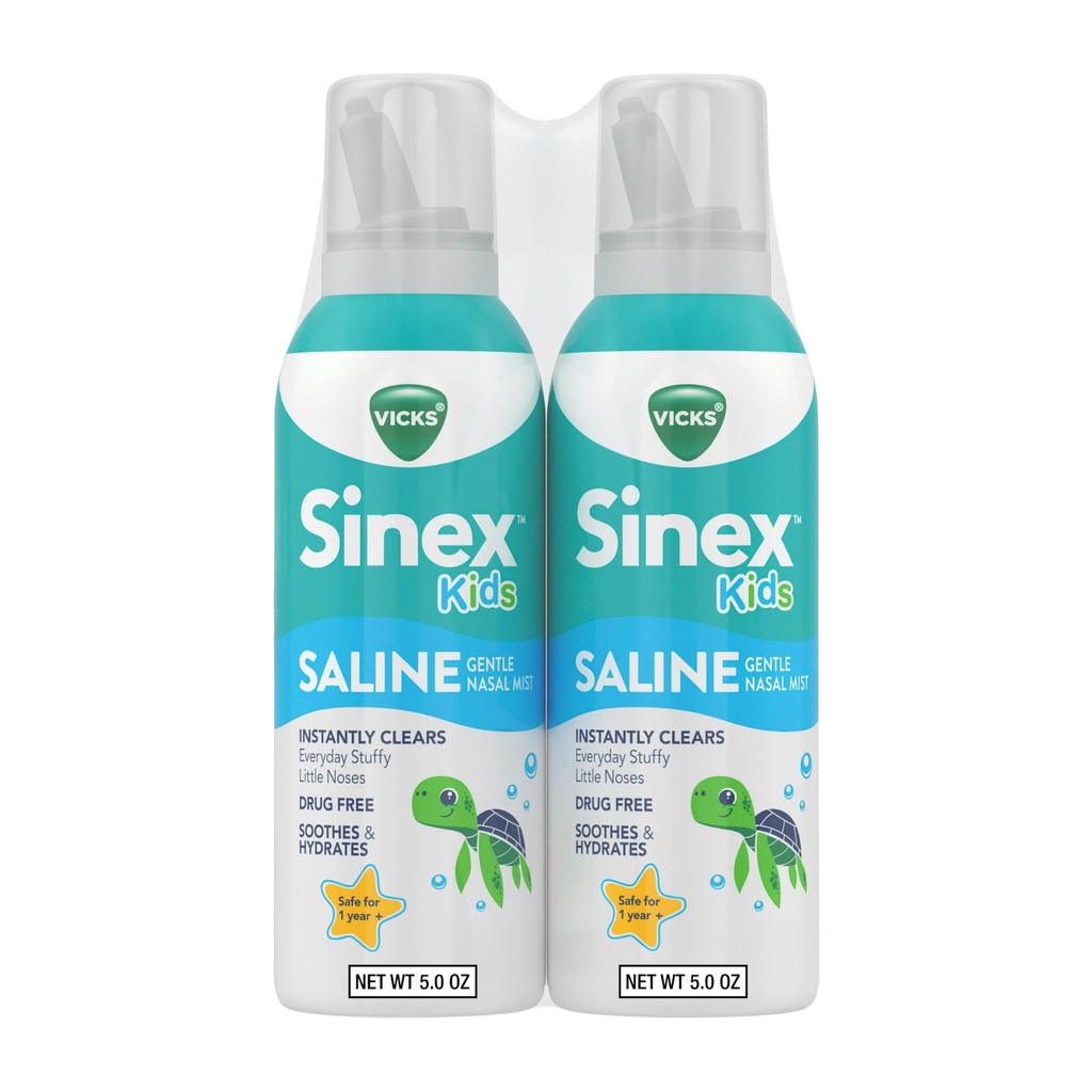 Vicks Sinex, Children's Saline Neus Spray, Drug Gratis Ultra Fine Mist met Hint van Aloë, Leeftijden 1+, Snel Elke dag Stuffy Neus Relief voor kinderen, Clear Mucus van een Koude of Allergie, 5 OZ x 2