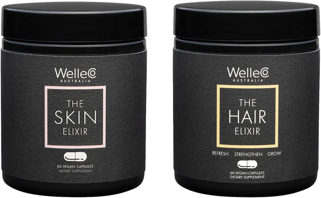 WelleCo, The Skin Elixir + The Hair Elixir, Vegan Beauty Supplements Bundle, bevordert haargroei en vermindert breuk, ondersteunt gezonde huid & collageen vorming, 60 capsules elke