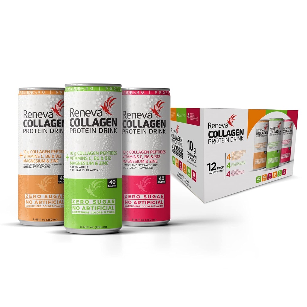 Reneva Collageen Proteïne Drink - 10g Collageen Peptides, Elektrolyten, B-Vitaminen, Zink en Zero Sugar (Variety Pack)
