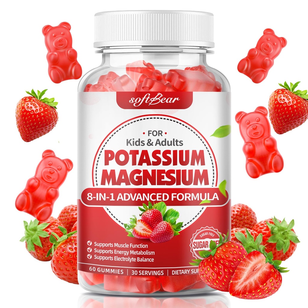 softbear Potassium Gummies for Adults, High Absorption Magnesium Potassium Supplement with Vitamin B6 for Leg Cramps & Muscle Health Sugar-Free Vegan Strawberry 60 Gummies