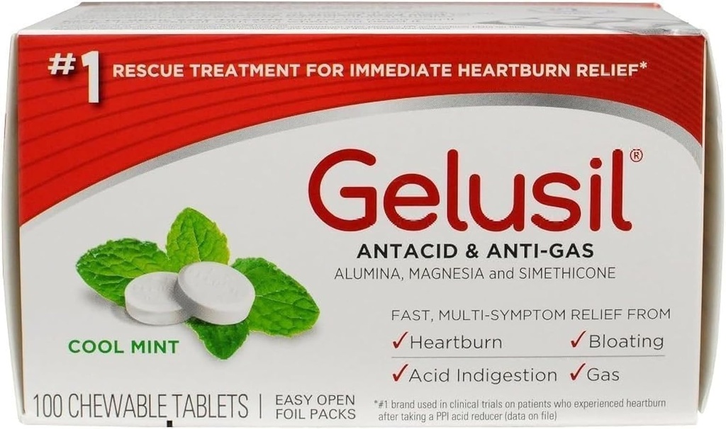 Gelusil Antacidum & Anti Gas Tablets for Heartburn Relief, Acid Reflux, Bloating and Gas, Cool Mint - 100ct Blisterverpakking