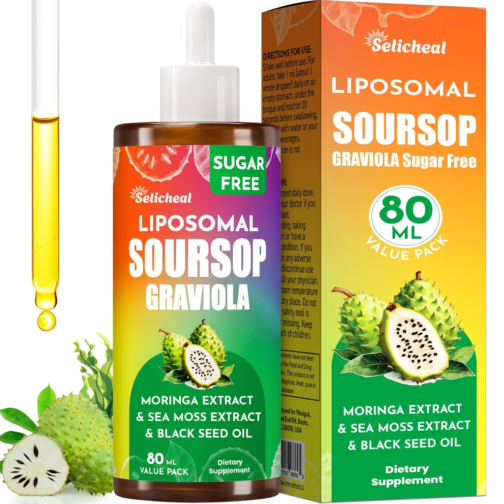 (80ML) Supplement Liquid Drops, 10 in 1 Soursop Multivitamine Drops with Leaf Extract & Sea Moss, for Cell Support & Regeneratie, Immunity, Gut, Zzz, Skin & Antioxidant 