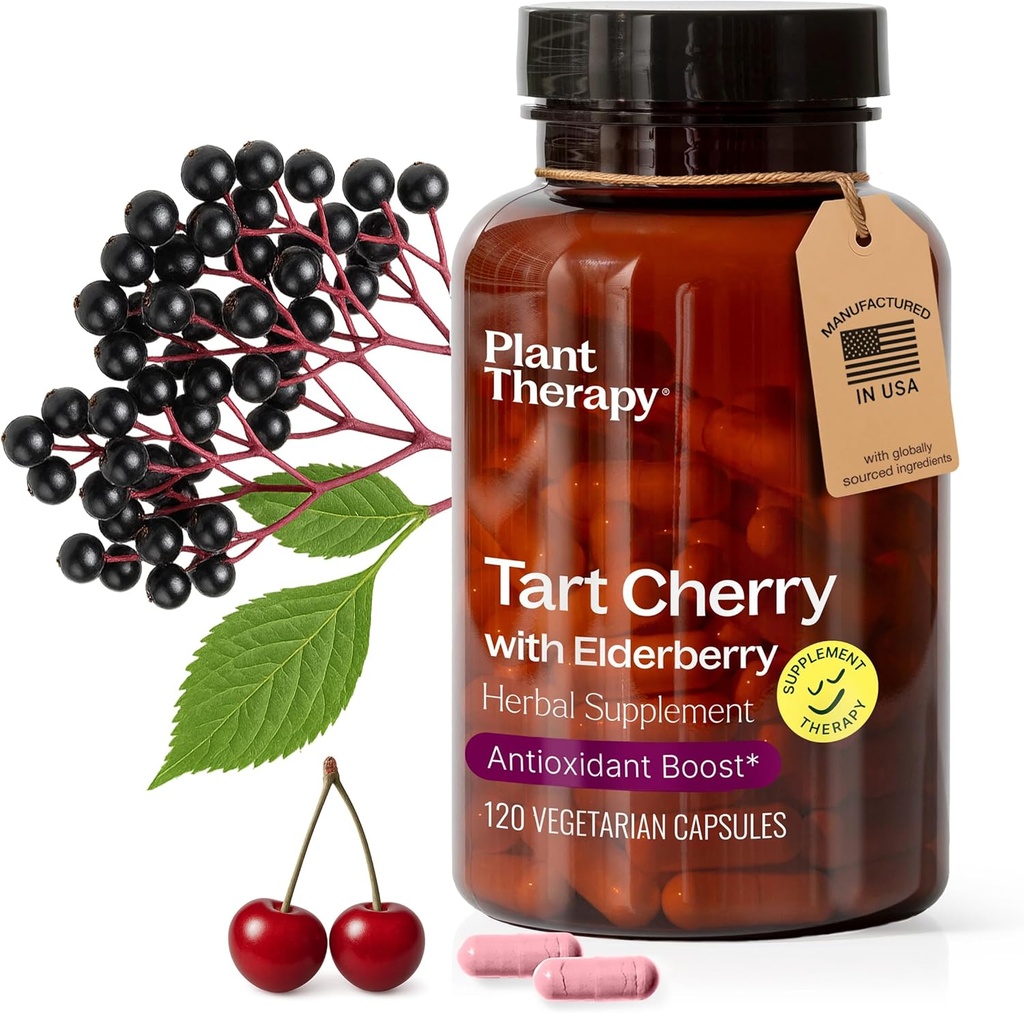 Plant Therapie Tart Cherry Capsules met vlierbessen geproduceerd in de VS 4 Maand Supply ondersteunt het lichaam, immuunsysteem & slaapcyclus supplementen voor vrouwen & mannen 120 Vegetarische Capsule
