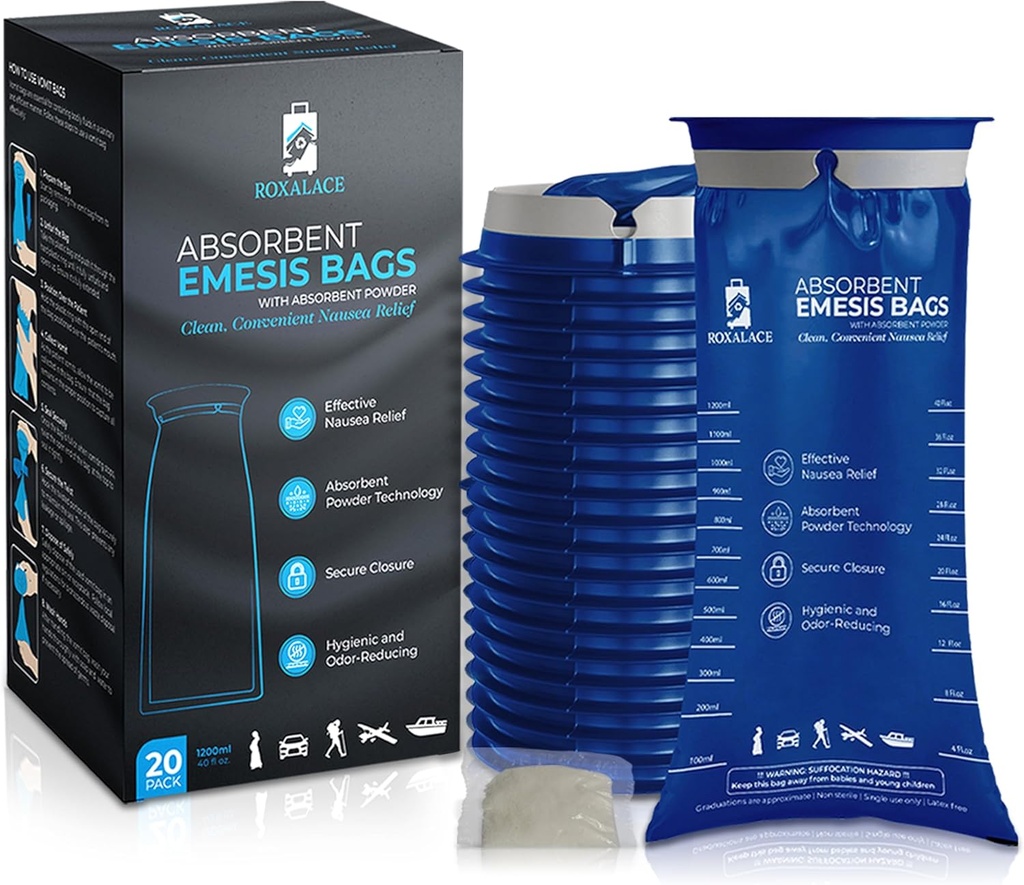 ROXALACE® Emesis Zakken met Absorberend Poeder voor Misselijkheid en Braken Relief - 20 Pack 1200ml, Reizen-Vriendelijk, Hygiënische oplossing voor Bewegingsziekte, Ochtendziekte, Verzorging en Noodgevallen