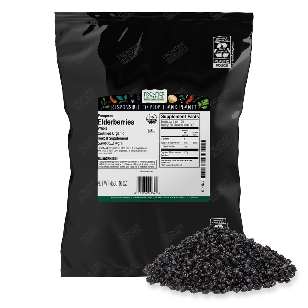 Frontier Co-op Biologische Gedroogde Vlierbessen, 1lb Bulk Bag, European Whole 