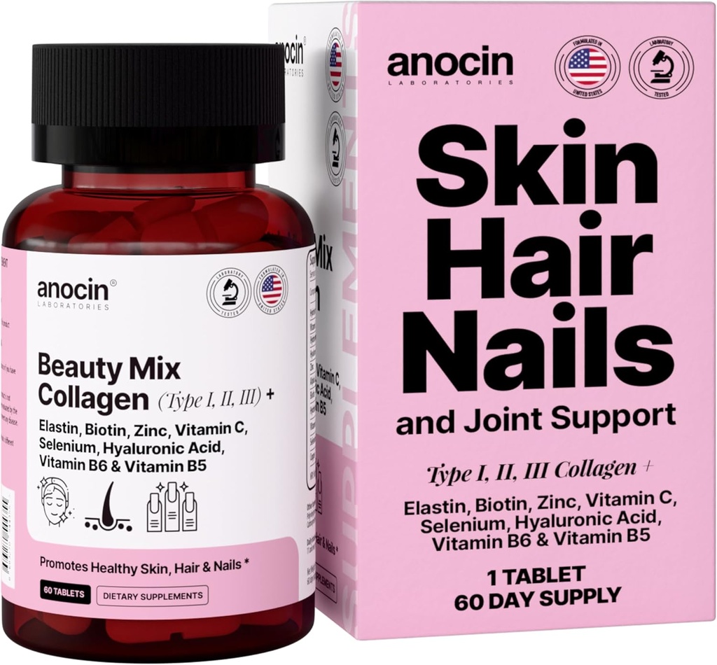 Klinisch geteste Beauty Mix Collagen voor vrouwen + Biotine + Elastine + Zink + Vitamine C + B6 + B5 + Selenium + Hyaluronzuur - Haargroei, Haarhuid en Nagels Vitaminen, Collageen Supplementen