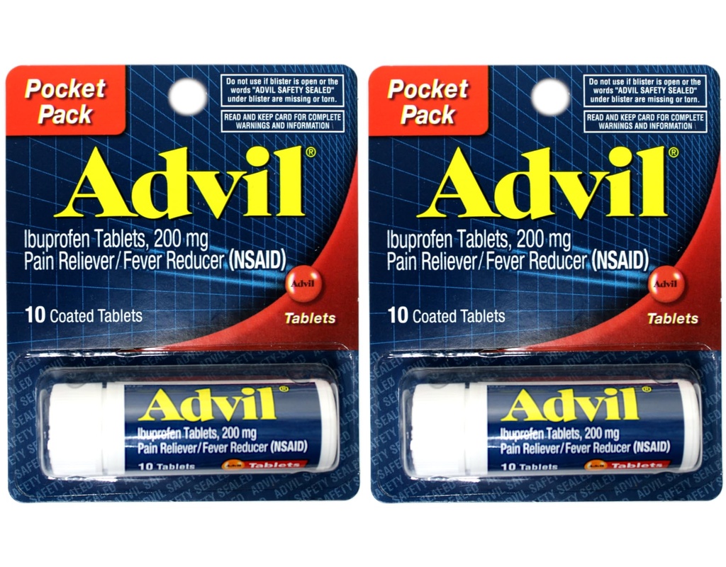 2 Verpakking Pocket Pack Advil Pain Reliever / Koortsreducer Ibuprofen 200 mg - 10 gecoate tabletten PER verpakking (20 tabletten Totaal)