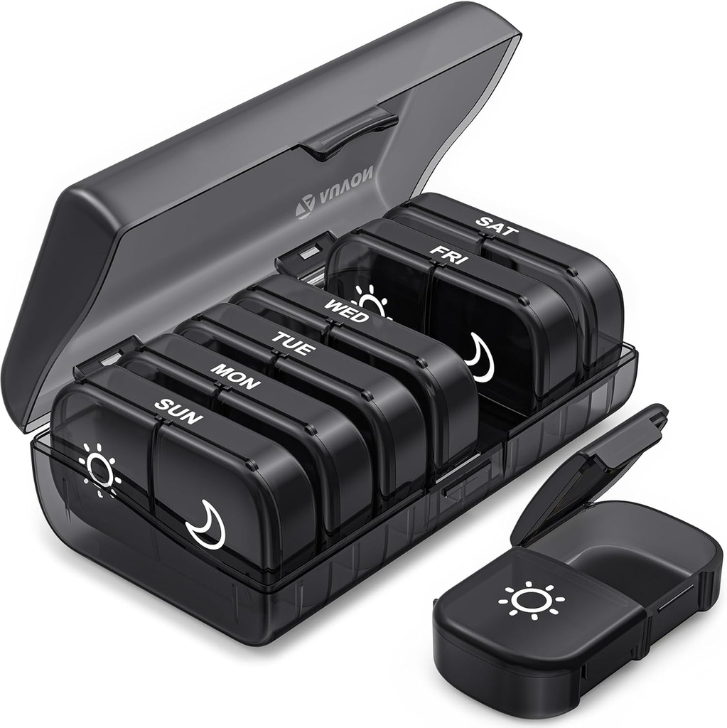 AUBON XL Weekly pil Organizer 2 keer per dag, pil doos 7 dag met one-side grote openingen voor gemakkelijk te gebruiken, Black Privacy bescherming AM PM pil geval voor medicatie, vitamines, visolie, supplementen