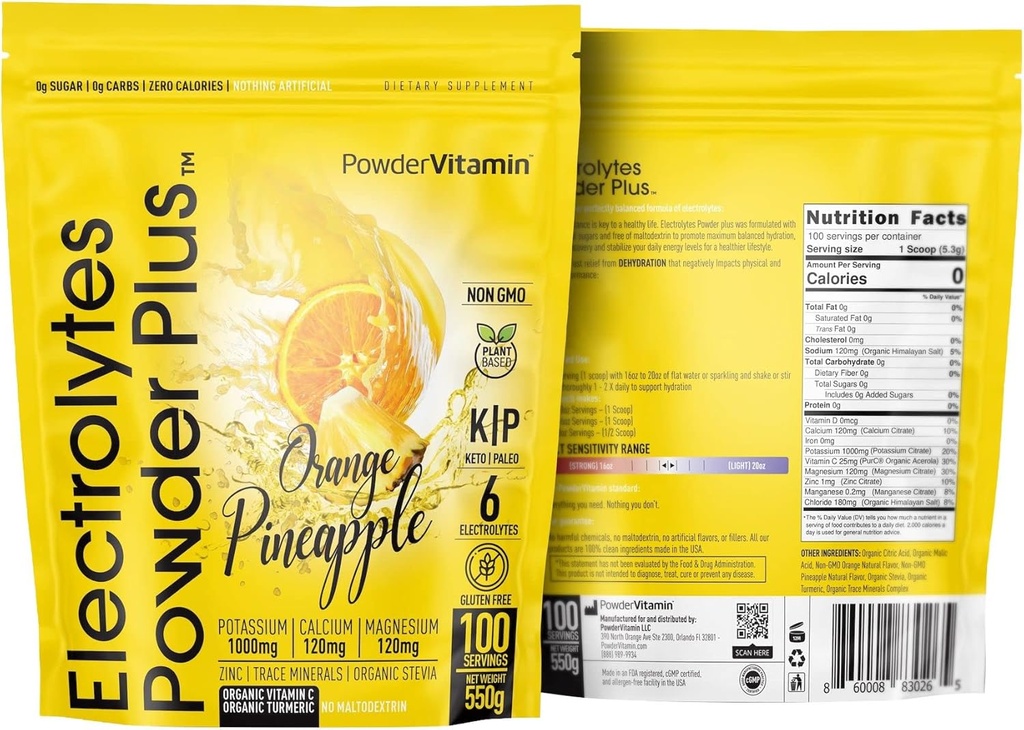 PoederVitamine Elektrolyten Poeder Plus (100 porties) Oranje Ananas Elektrolyt Poeder Zero Calorie, Keto, 0 Suiker, Geen Maltodextrine,1000mg Kalium,120mg Calcium,120mg Magnesium, Hydratatiepoeder