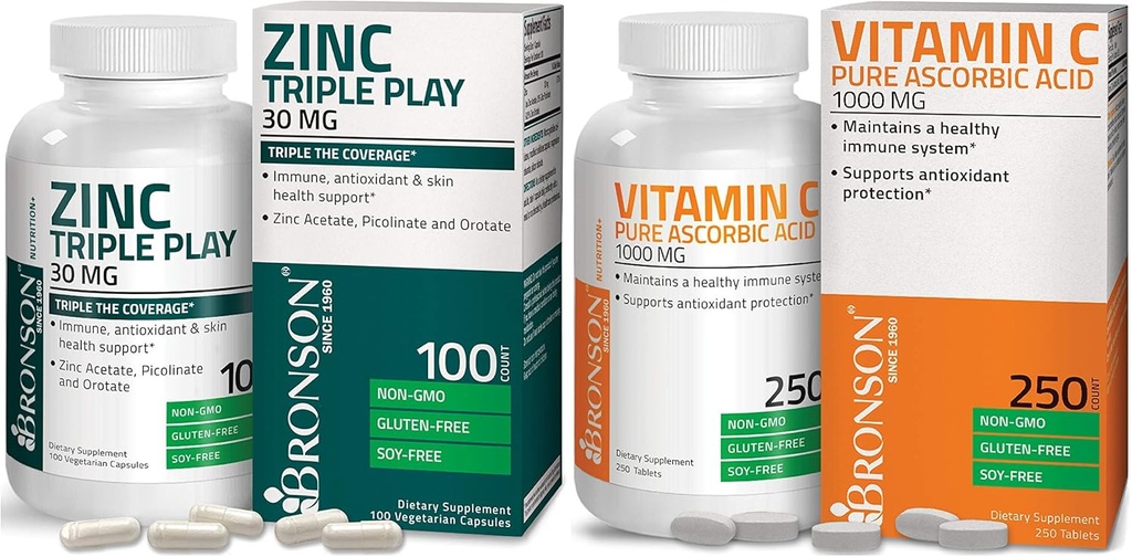 Bronson Vitamine C 1000 mg Premium Non-GMO Ascorbinezuur + Bronson Zink Triple Speel 30 mg Triple Dekking Immune Ondersteuning Zink Supplement