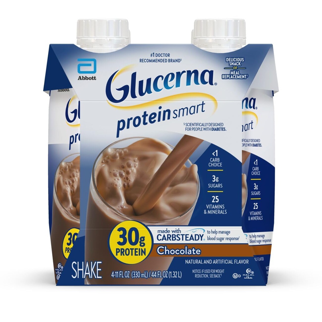 Glucerna Protein Smart Diabetes Care Shake, Chocolade, Diabetische Maaltijd Vervanging ter ondersteuning van bloedsuiker management, 30g proteïne, 150 Calorieën, klaar om te drinken, 11-fl-oz fles, 4 Pack
