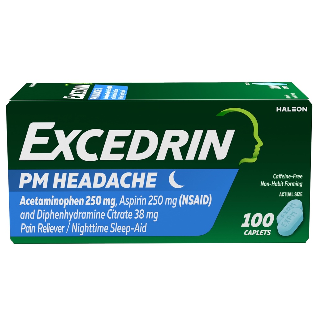 Excedrin PM voor Hoofdpijn Relief, Acetaminophen 250mg, Aspirine 250mg, Difenhydramine Citrate 38mg, Pain Reliever, Nighttime Sleep-Aid, 100 Tellen