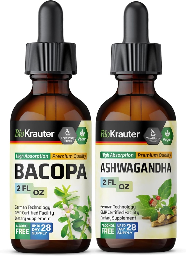 BIO KRAUTER Bacopa Tinctuur 2 Fl. Oz. & Ashwagandha Tinctuur 2 Fl. Oz.