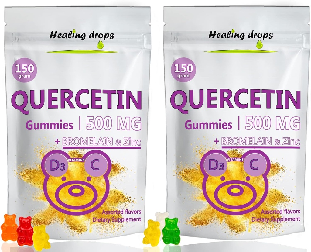 Quercetine met Bromelaine Gummies - Vitamine C + Zink + Vitamine D3 - Quercetine 500mg Gummies voor kinderen en volwassenen (2 verpakkingen)