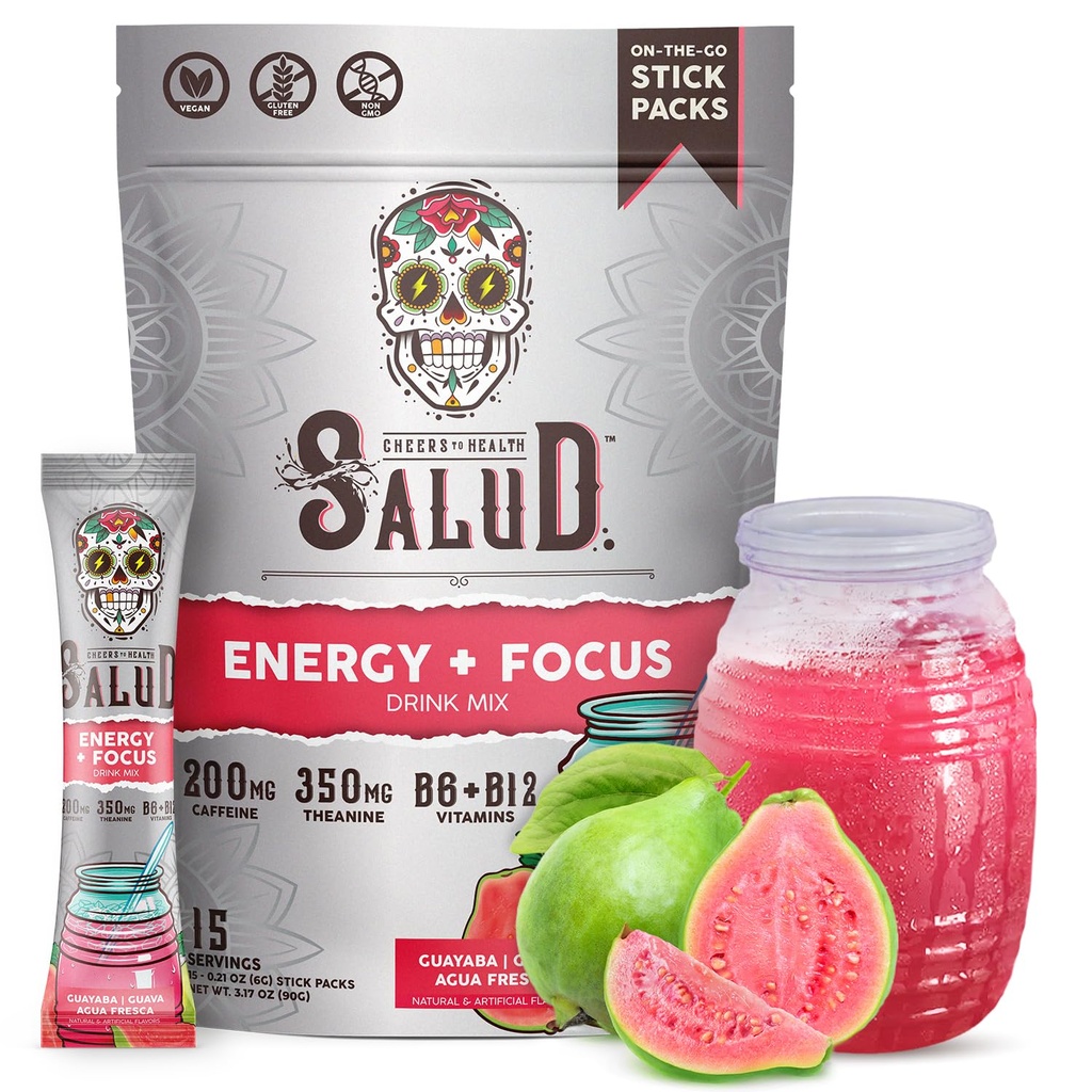 Salud 2-in-1 Energy Drink Powder + Focus, Guava, Biologische Cafeïne, B6 + B12, Theanine, Clean Energy Drink Packets, Guayaba Agua Fresca Mix, Non-GMO, Glutenvrij, Veganistisch, 1g suiker, (15 Serven)