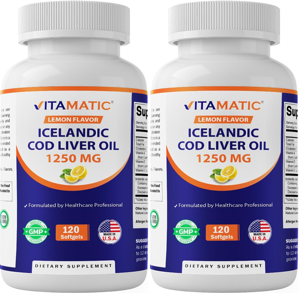 Vitamatic 2 Pack Ijslands kabeljauwleverolie Capsules 1250mg 120 Softgels (Citroensmaak) - Bevordert cardiovasculaire gezondheid
