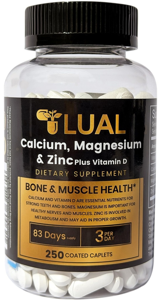 LUAL Calcium, Magnesium, Zink & Vitamine D3 Calcium, Magnesium & Zink Plus Vitamine D3 Caplets Dieetsupplement, 250 Tel.
