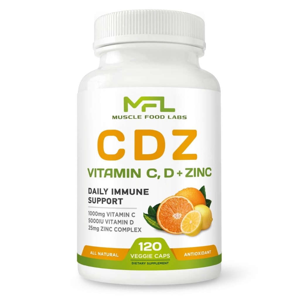 | C D Z | Vitamin C, 1000mg | Vitamin D3, 125mcg | Zinc, 25mg | Non-GMO & Gluten Free | 120 Vegetarian Capsules | 120 Servings