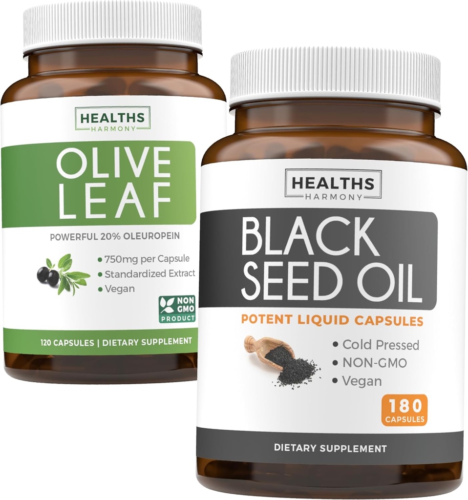 Olive Leaf & Black Seed Oil (3-maandvoorraad) Blad- en zaadbundel van Olive Leaf Extract (120 capsules) Super sterkte en zwarte zaadolie (180 capsules) Koud geperste Nigella Sativa Cumin Seed