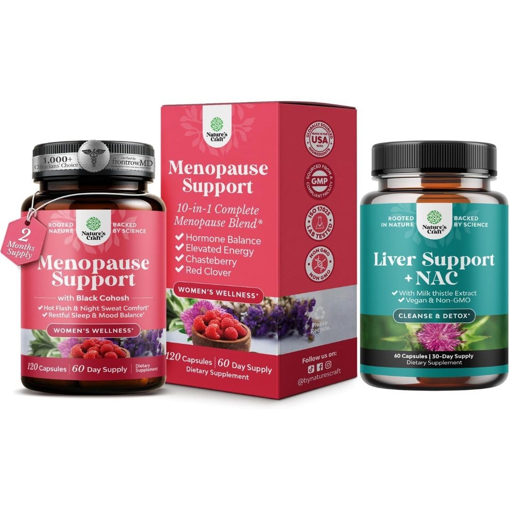 Bundel van Total Menopauze Supplement met Dong Quai Vitex Chaste Berry & Black Cohosh voor natuurlijke hormoon ondersteuning en lever ondersteuning NAC supplement met melkdistel voor leverreiniging Detox & Reparatie