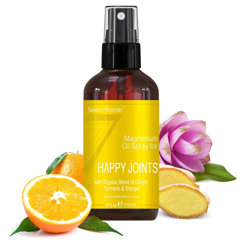 Zeven mineralen, Magnesium Happy Joints Spray - krachtige USA Made Magnesium Oil Blend with Essential Oils (Turkuma, Gember en Oranje) - Gratis Ebook Inbegrepen (4 fl oz)