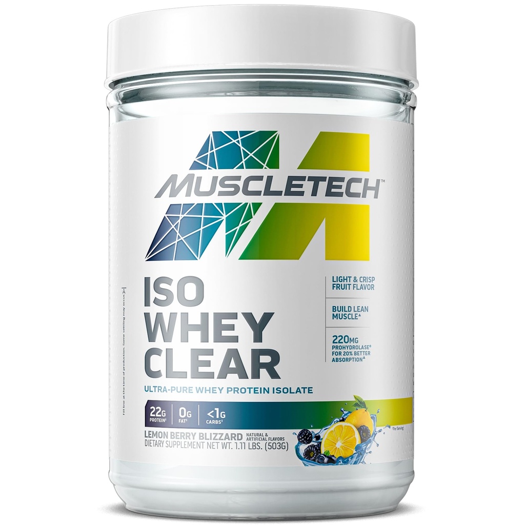 MuscleTech Whey Protein Powder Clear Whey Protein Isolaat Wei Isolaat Proteine Powder for Women & Men Clear Protein Drink 22g Proteïne, 90 Calorieën Citroen Berry Blizzard, 1,1lb(19 Servers)