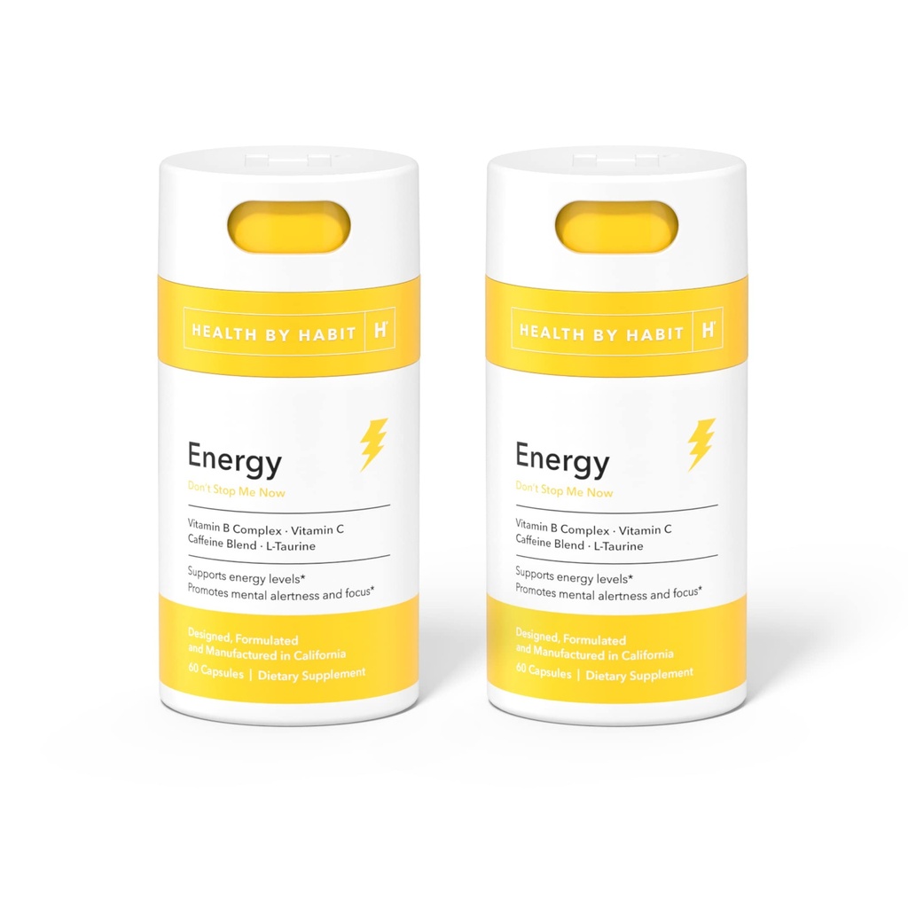Health by Habit Energy Supplement 2 Pack (120 Capsules) - Natual Cafeine Blend, Vitamine B & C, ondersteunt energieniveaus, bevordert geestelijke alertheid en focus, Veganistisch, niet-GMO, suikervrij (2 Pack)