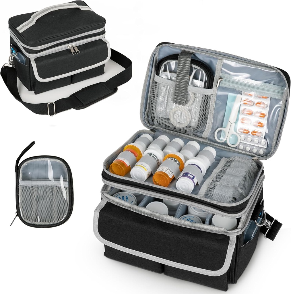 Medicijn Berging Bag, Pillen Fles Organizer met schouderband, Reis Geneeskunde Organizer Box, EHBO Kit met draagbare kleine tas, Medicatie Fles Organisator Lege Zwart