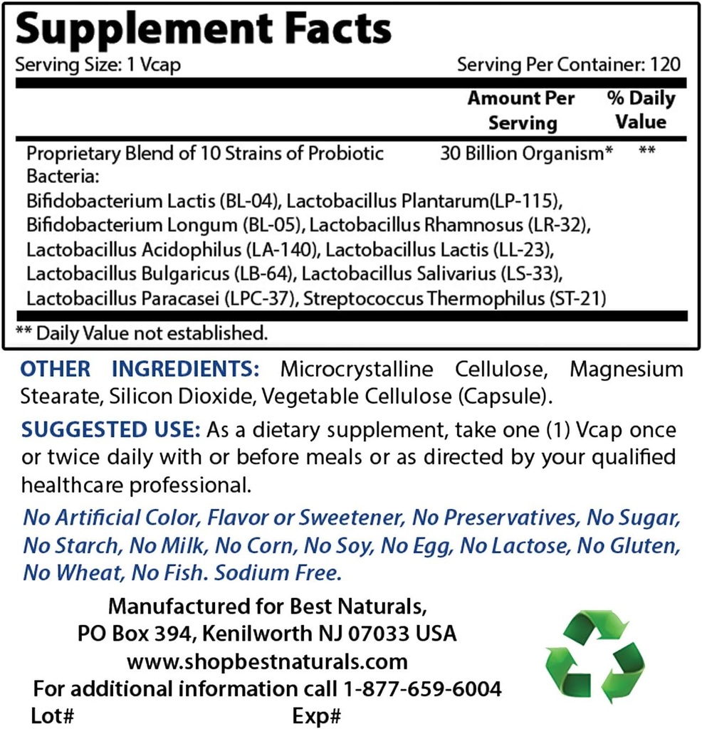 Best Naturals Probiotic 10 Strains & 30 Miljard CFU & Magnesium Oxide 500 mg