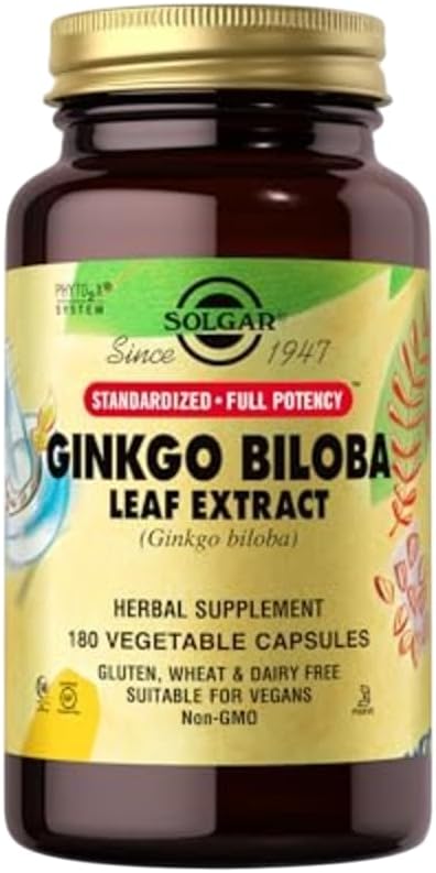 Solgar Ginkgo Biloba Leaf Extract - 180 Plantaardige Capsules - Standaard Volledige Potentie (SFP) - Non-GMO, Veganistisch, Glutenvrij, Zuivelvrij, Kosjer, Halal - 180 Servers