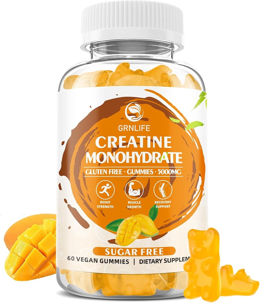 Creatine Monohydraat Gummy's voor mannen & vrouwen, Kauwtabletten Creatine Monohydraat voor spierkracht, spier Builder, energie Boost, suikervrij, Veganist, Mango Flavor-60 Tel.