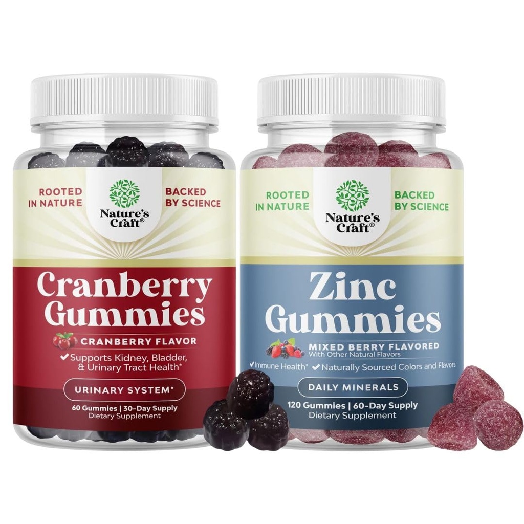 Bundel van natuurlijke Cranberry Gummies voor vrouwen en mannen en extra sterkte zink voor volwassenen - Extra sterkte Delicious Antioxidant Cranberry Kauwen - Kauwbare Zink Citrate 50mg Immuniteit